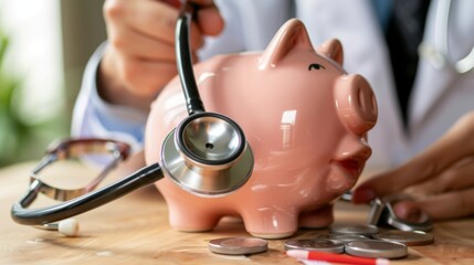 Doctor Examining Piggybank With Stethoscope