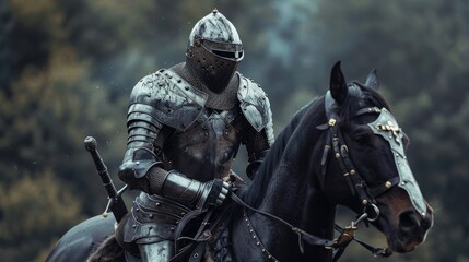 Fototapeta premium Medieval knight in full armor riding a horse in a forest setting