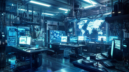 Obraz premium Sci Fi Grunge Modern Clean background depicting a high-tech laboratory with clean surfaces, glowing screens, and scattered pieces of futuristic equipment.