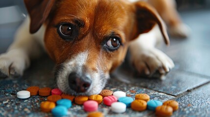 Dog's head in detail is climbing on tablets.Veterinary ovens and animal health