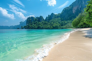 Beautiful beach with white sand and blue sea water on a summer day, clear sky with copy space for text or design, perfect symmetrical photo ideal for advertising banners, web posters, or wallpapers.