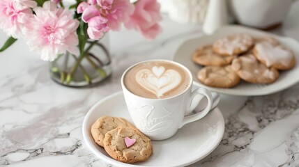 A white coffee cup with a heart design sits on a white saucer next to a plate of cookies. The scene is set on a marble count