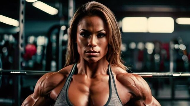 Close up portrait of Woman bodybuilder looking at camera