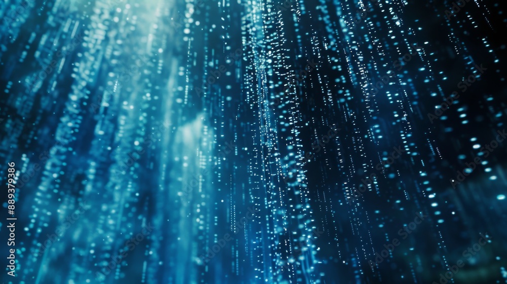 Poster abstract background of blue digital rain falling in a dark environment.