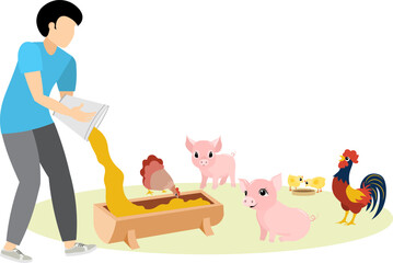 Farmers at work. A man pours feed into a pig trough. People work on farm. Livestock farm scene. Isolated on a white background.