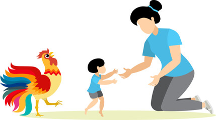 Fototapeta premium Farmers at work. The baby is scared of the rooster and runs to his mother. Livestock farm scene. Isolated on a white background.