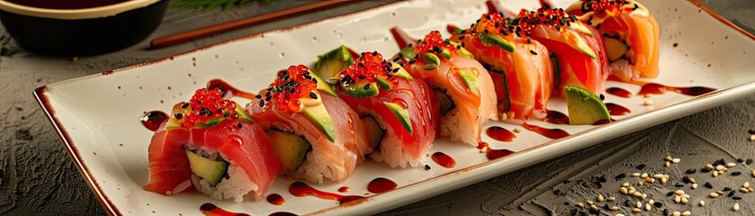 Delicious sushi rolls with fresh avocado and fish, drizzled with sauce on a rectangular plate.