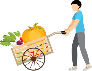 People harvesting. A man is carrying vegetables and a pumpkin in a cart. Farmers at agriculture works. Rural workers picking crops.