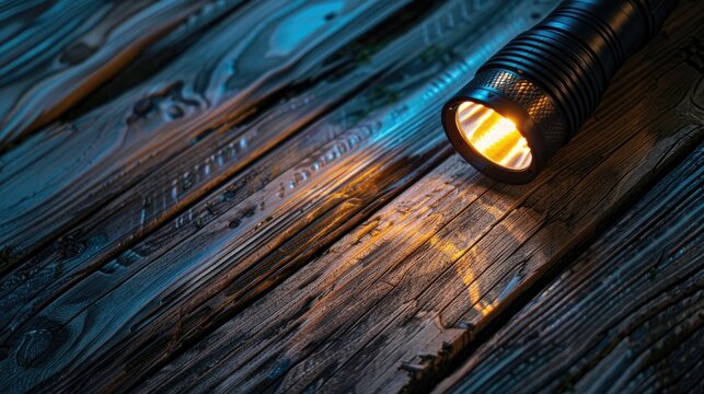 Close up photo of black plastic flashlight with indicator lamp on wooden background