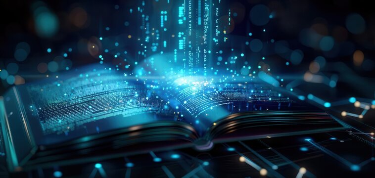 AIpowered library, holographic books, futuristic study environment, advanced learning tools