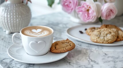 A white coffee cup with a heart design sits on a white saucer next to a plate of cookies. The scene is set on a marble count