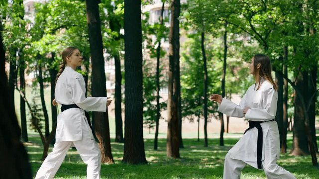outdoors in the park in sunny weather a young karate girl with a partner train agility and reaction playing with a ball martial arts black belt