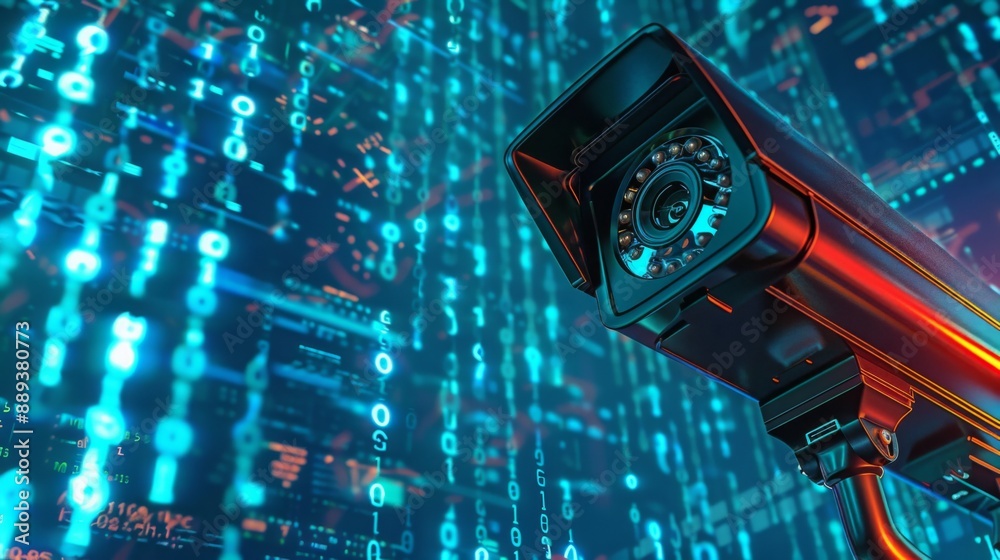 Aufkleber A security camera with a red lens is positioned against a backdrop of blue binary code. The camera is pointed directly at the viewer, creating a sense of surveillance and technological advancement.