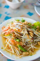 Papaya salad with fresh blue crab. Healthy organic fresh seafood true local menu natural ingredient local fisherman. Thai called Somtom Pooma. Thai food