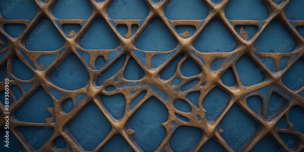 Poster the image is a close up of a blue and gold patterned surface