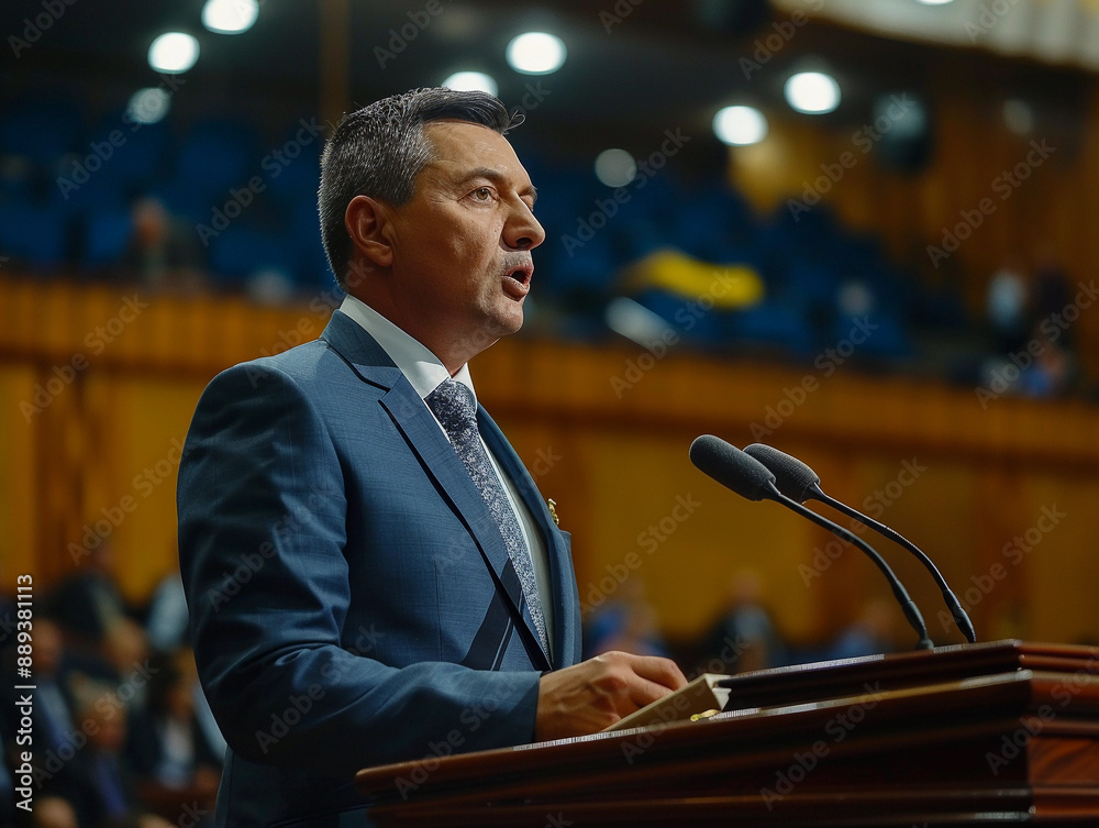 Wall mural male politician addressing audience at formal event