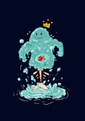 Aquo, a living water who try make a friend with fish by save it in his stomach without knowing the content inside him.