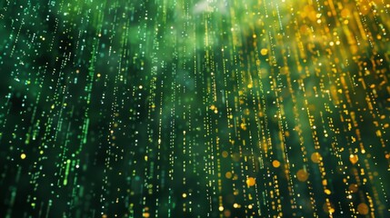 Abstract green and gold particles fall like rain.