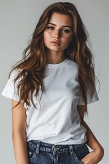 Fototapeta premium White tshirt mockup on woman model created with Generative AI