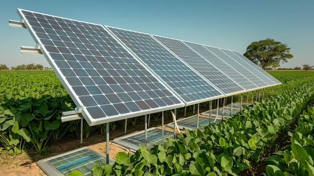 Vibrant scene of a solar-powered irrigation system in a drought-prone region, promoting agricultural resilience and water efficiency. Height Resolution Photo, , Minimalism,
