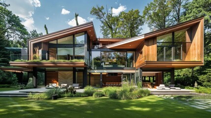 Obraz premium An epitome of modern luxury and geometric design, this house showcases a harmony of wood and glass materials
