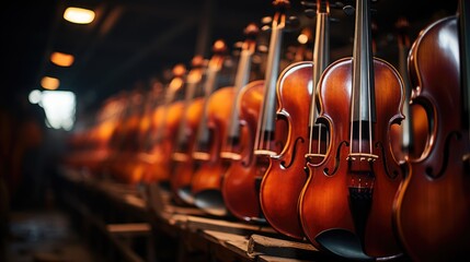 Rows of classic violins. Rows of classic violins, handcrafted from wood, showcase the beauty and craftsmanship of these musical instruments.  