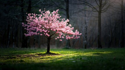 Naklejka premium Vibrant Pink Blossoms on a Springtime Forest Tree