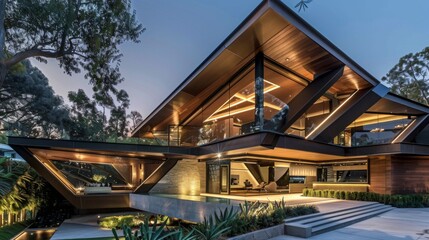 An epitome of modern luxury and geometric design, this house showcases a harmony of wood and glass materials
