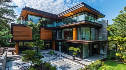 An epitome of modern luxury and geometric design, this house showcases a harmony of wood and glass materials
