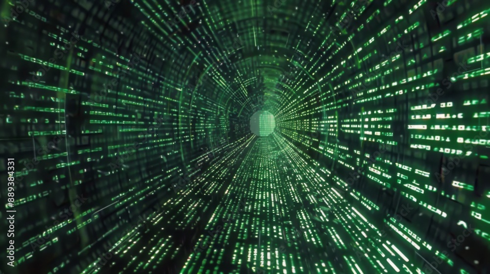 Poster A digital tunnel made of green code, the perspective makes it seem like you're moving forward in an endless flow of data.