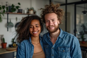 Fototapeta premium Portrait of a jovial multicultural couple in their 20s sporting a versatile denim shirt in front of scandinavian-style interior background