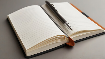 An open notebook with a pen resting on it, placed on a light grey background to keep the focus on the stationery