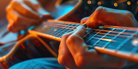 Close-up of hands adjusting the strings on a guitar, tuning it to perfection