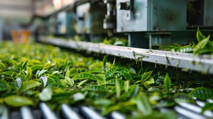 A conveyor belt is filled with small pieces of metal