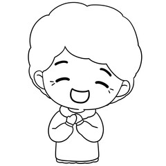 Senior older woman Thank you emotion and smiling face line art illustration hand drawn black outline