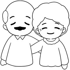 Senior older couple side hug line art illustration hand drawn black outline