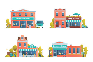 Shop and store building collection, vector illustration premium detail flat style isolated on white, front view.