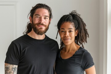 Fototapeta premium Portrait of a happy multiethnic couple in their 30s showing off a lightweight base layer in scandinavian-style interior background
