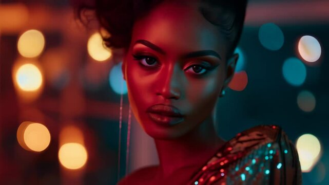 Black woman in glamorous evening wear with glowing skin and intricate makeup, posing confidently in an atmospheric setting with colorful bokeh lights. Concept of beauty, elegance, and nightlife