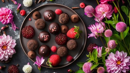 dessert platter with caviar chocolate truffles, surrounded by fresh flowers