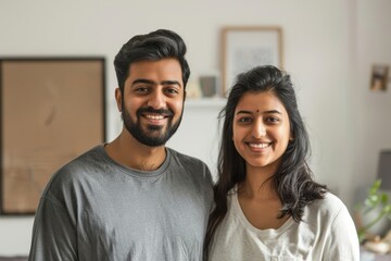 Obraz premium Portrait of a content indian couple in their 20s sporting a breathable hiking shirt on scandinavian-style interior background