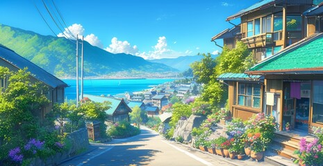 A neighborhood in rural Japan, outdoor streets with houses, green and nature scenery, scenic view, anime artwork