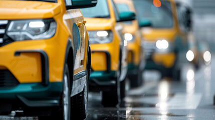 Close-up view of yellow taxi cabs in a row on a rainy city street, highlighting urban transportation.