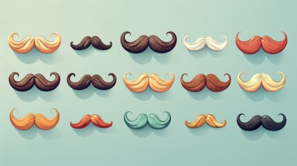 A cheerful cartoon-style illustration of various mustache styles, including the handlebar, pencil, and chevron, arranged in a grid on a light blue background.