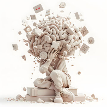 Social media addiction, with a 3D rendering head bursting open from the pressure of excessive information.information illustrated by brain exploding .