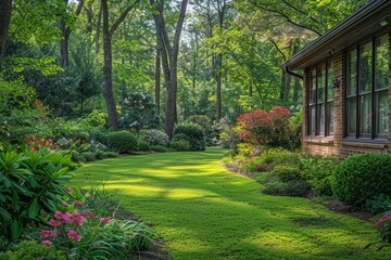 Beautiful backyard garden in North Carolina with green grass, trees, and flowers, featuring a large path leading to the house through lush landscaping, captured from an angle showing part of the home.