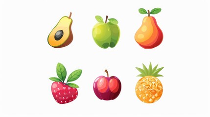 Set of 9 cartoon fruit icons, modern and stylized, arranged symmetrically on a white background