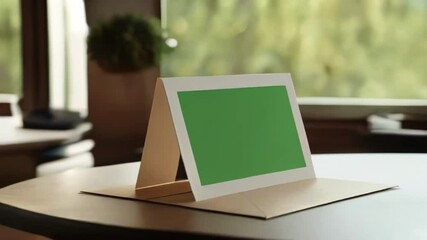 Blank greeting card standing open on a table. The front of the card include a chroma key green screen rectangle, perfect for adding personalized messages or graphics