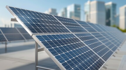 Fototapeta premium Visualize the harmony between solar power technology and urban environments on Micro Stock. Height Resolution Photo, , Minimalism,