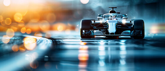 High-speed race car on a wet track at sunset, showcasing motion blur and dramatic lighting effects. Ideal for motorsport and racing themes.